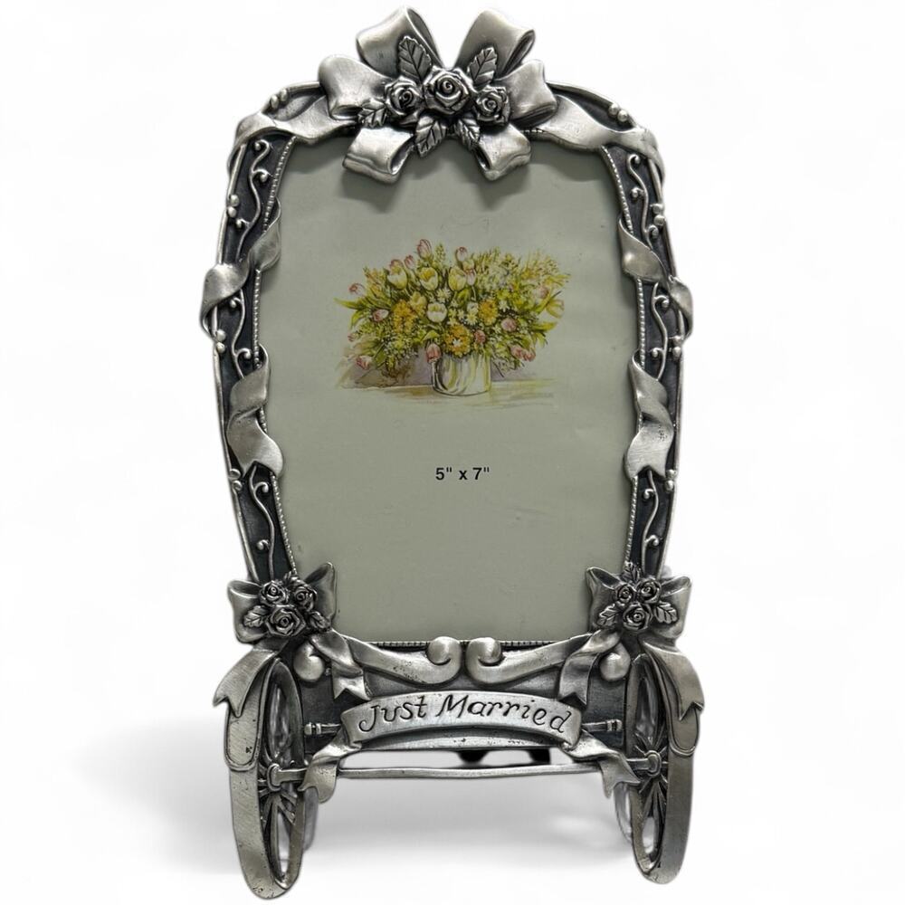 Vintage "Just Married" 5”x7” Picture Frame Carriage Car Bows Silver Tone Rose - Picture 2 of 7